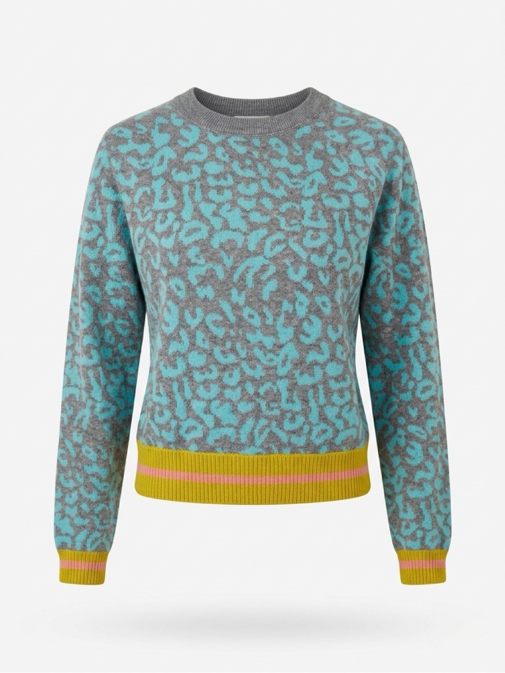 Free People Aqua Leopard-Print Crewneck Sweater with Yellow Trim